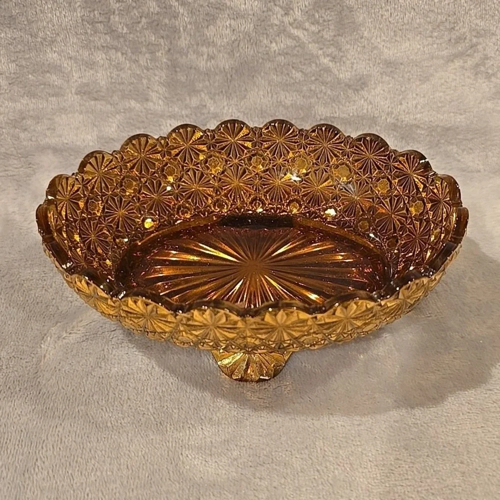Vintage L.E. Smith Gold Glass Footed Bowl Daisy and Button Scalloped‎ Oval Dish